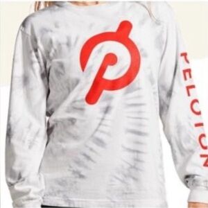 Peloton Tie Dye Long Sleeve Unisex grey and white red logo Sleeve logo